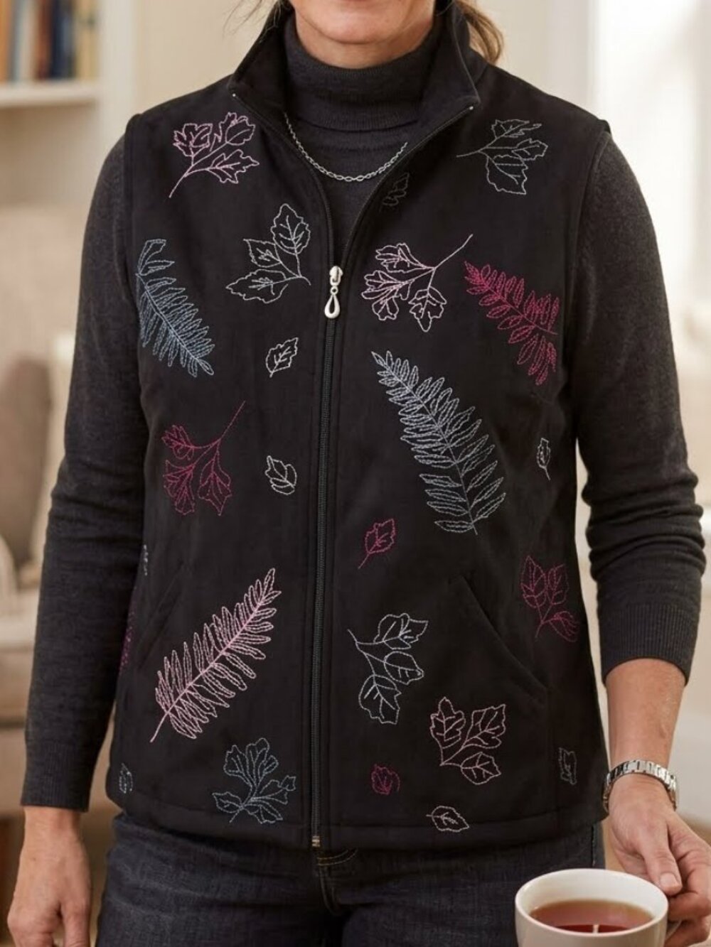 TanJay Women's Black Embroidered Faux Suede Zip Vest Size 14